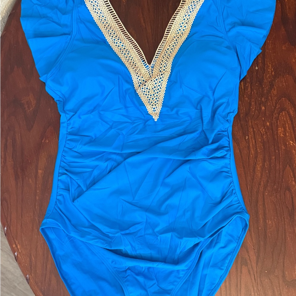 Elegant Blue Lace Trim Bodysuit